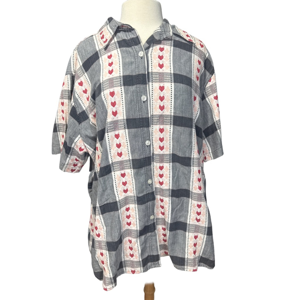 JANE ASHLEY Button Down Shirt Plus 3X Gray Red Plaid Hearts
